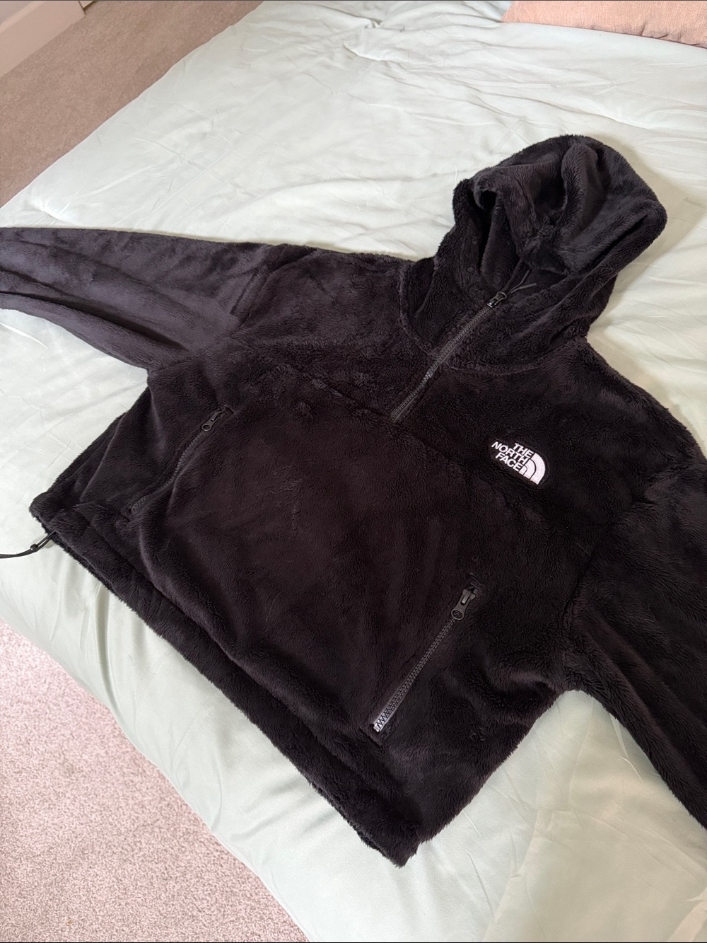 The North Face Black Plush Hooded Half-Zip Fleece cropped large